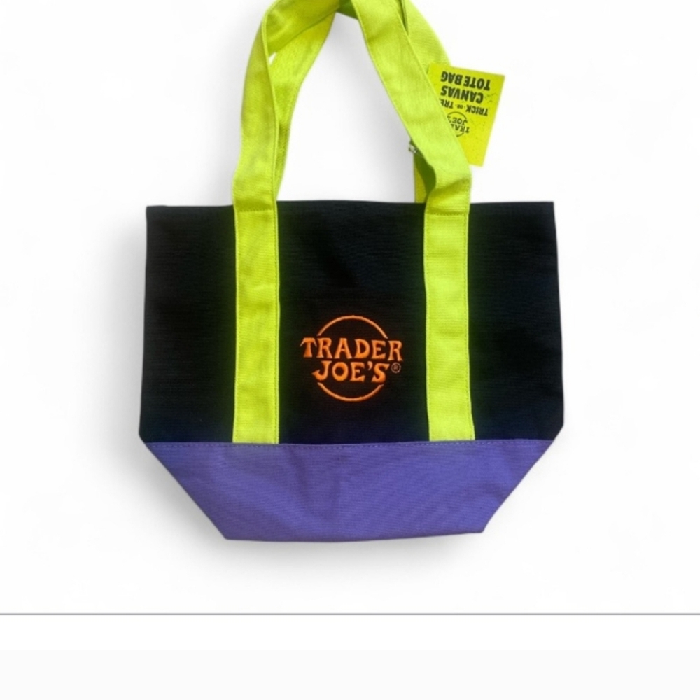 Trader Joe’s Halloween Trick Or Treat Canvas Mini Tote Bag Solid Black Green NWT - Picture 2 of 2
